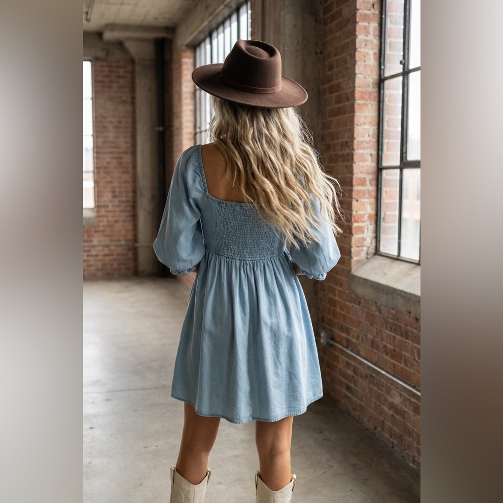 NWT Promesa Denim Tencel Jean Puff Sleeve Mini Dress - Picture 7 of 10